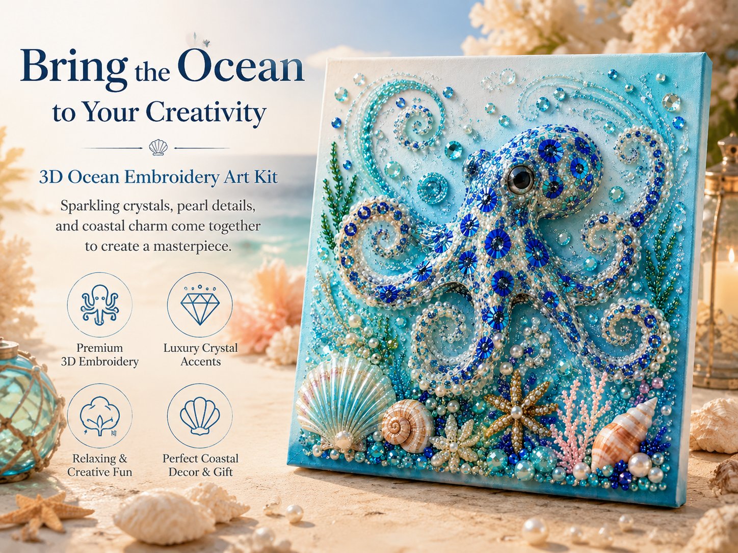 🌊Ocean Theme Pearl Art DIY Kit | 3D Sparkling Coastal Wall Decor 🐚✨