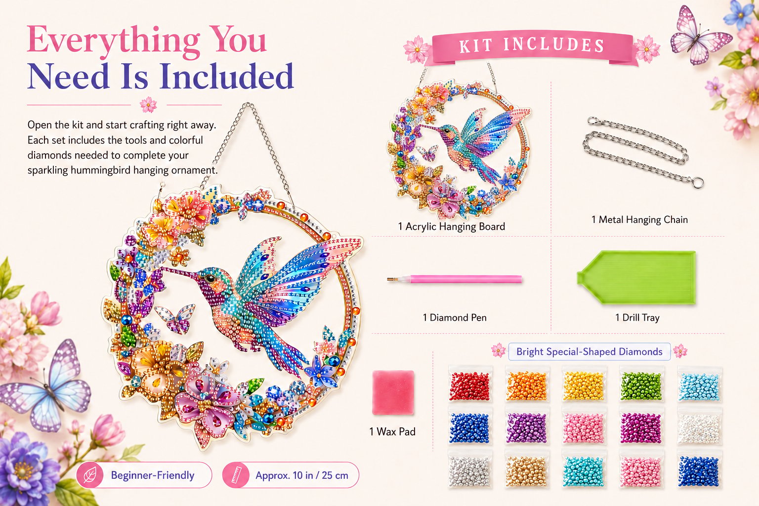 💥LAST DAY 49% OFF - Hummingbird Diamond Art Hanging Ornament Kit – Sparkling DIY Window Ornament 🐦✨