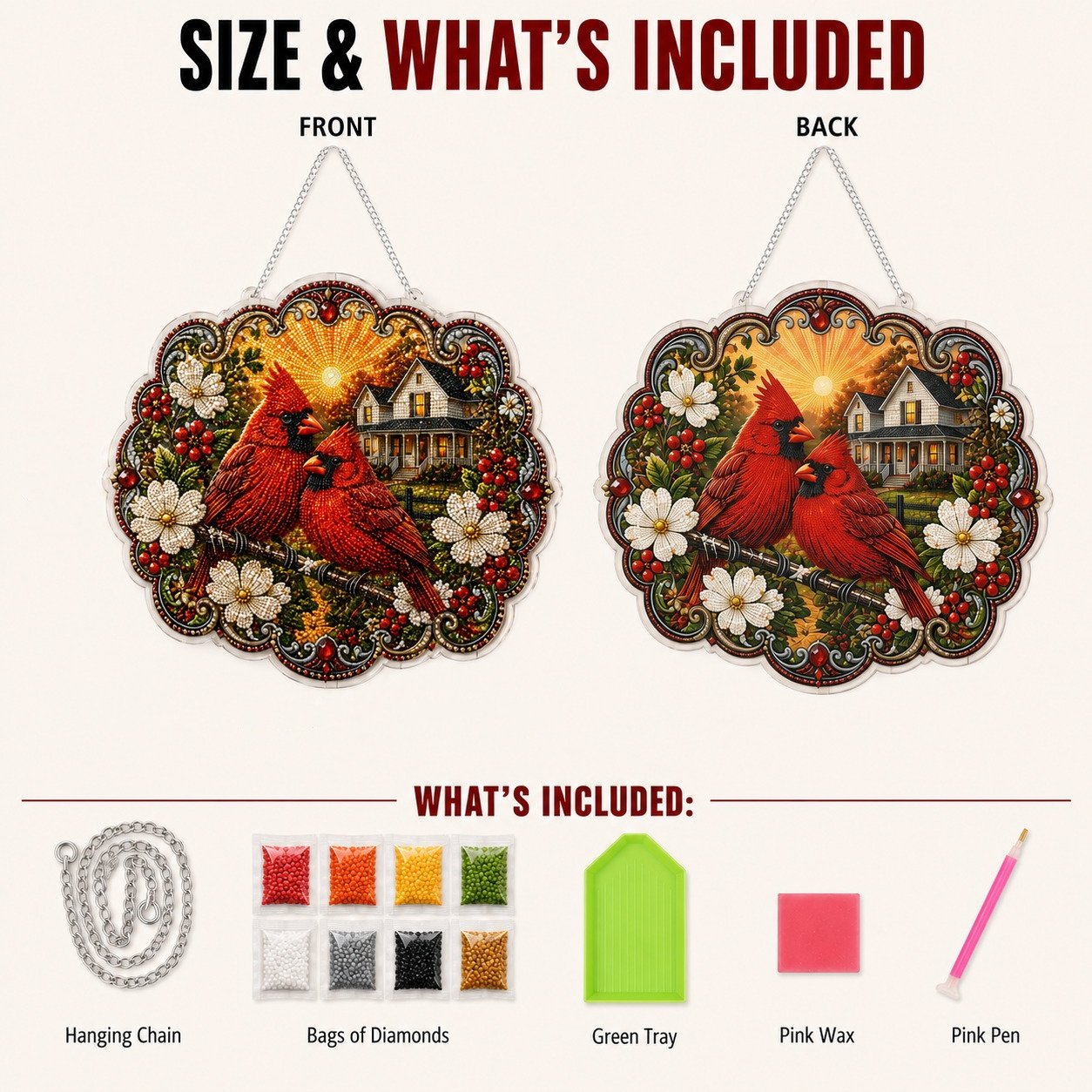 ✨Beginner-Friendly-🐦Cardinals & Sunrise Diamond Art Hanging Ornament Kit